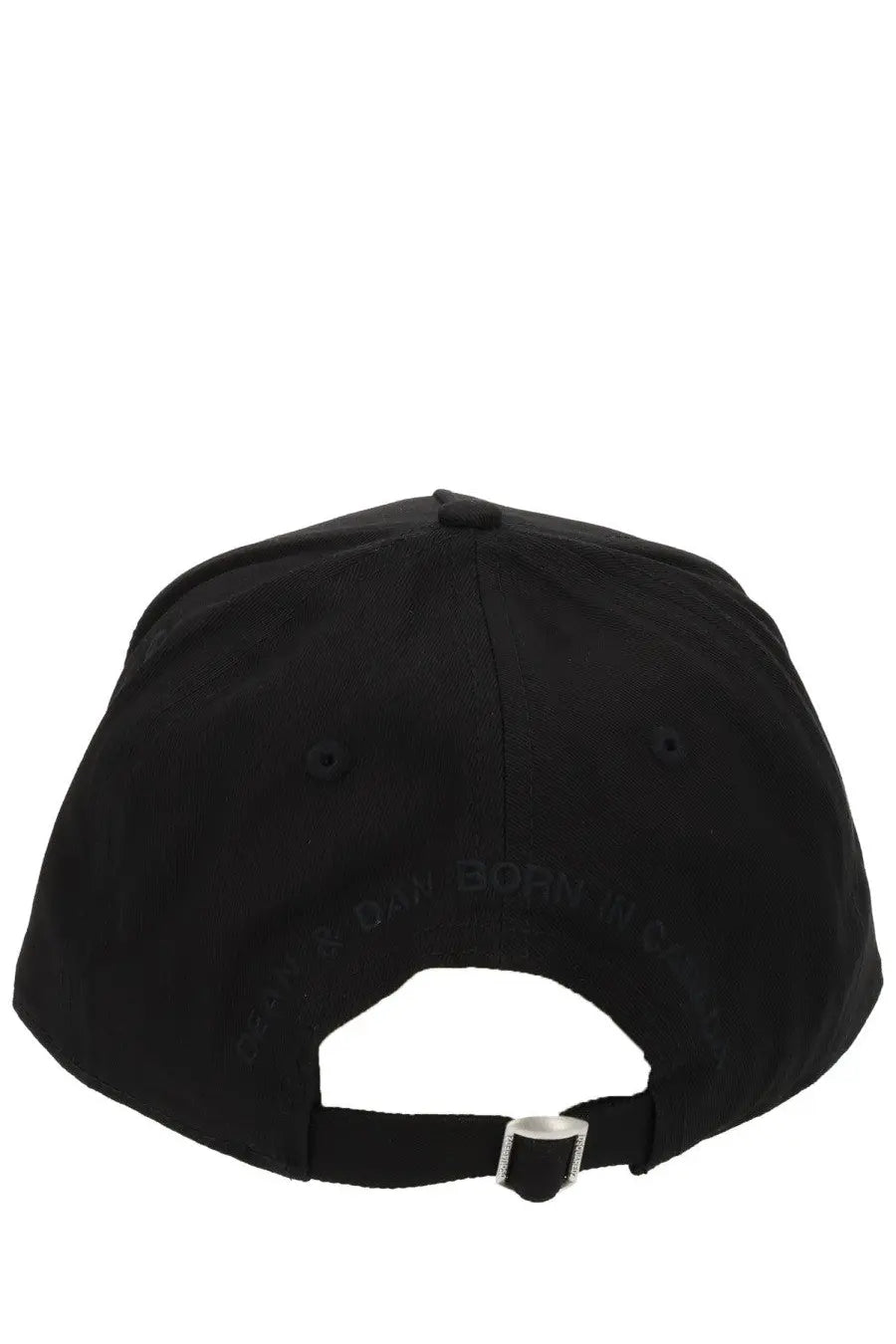 Dsquared2 men’s black baseball cap back view with silver buckle and subtle embossed text along the panel