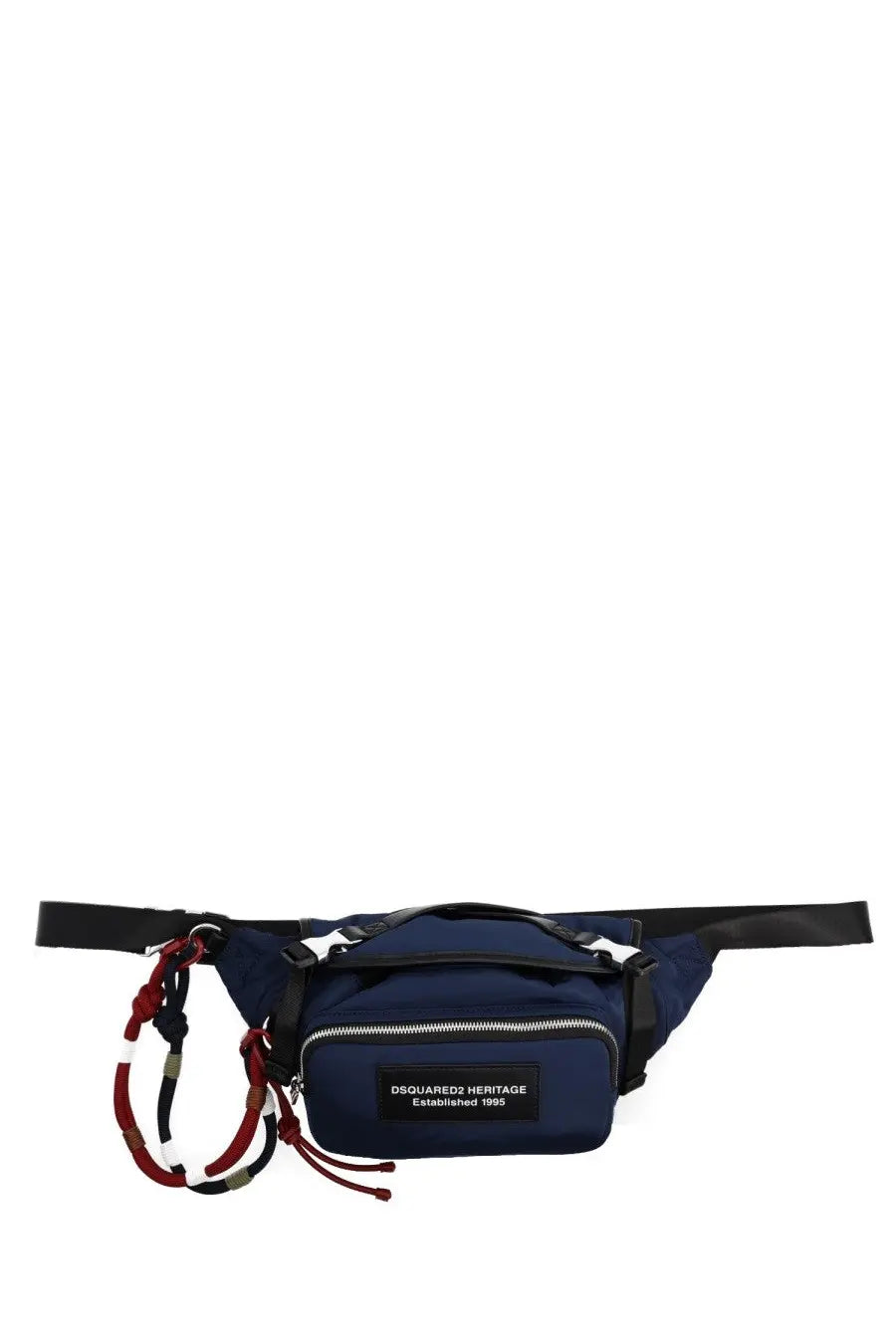 Navy blue dsquared2 men’s heritage waist bag with black straps and red and white braided tassels pouch