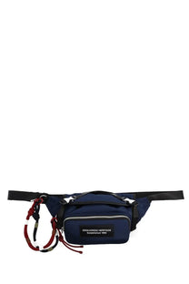 Navy blue dsquared2 men’s heritage waist bag with black straps and red and white braided tassels pouch