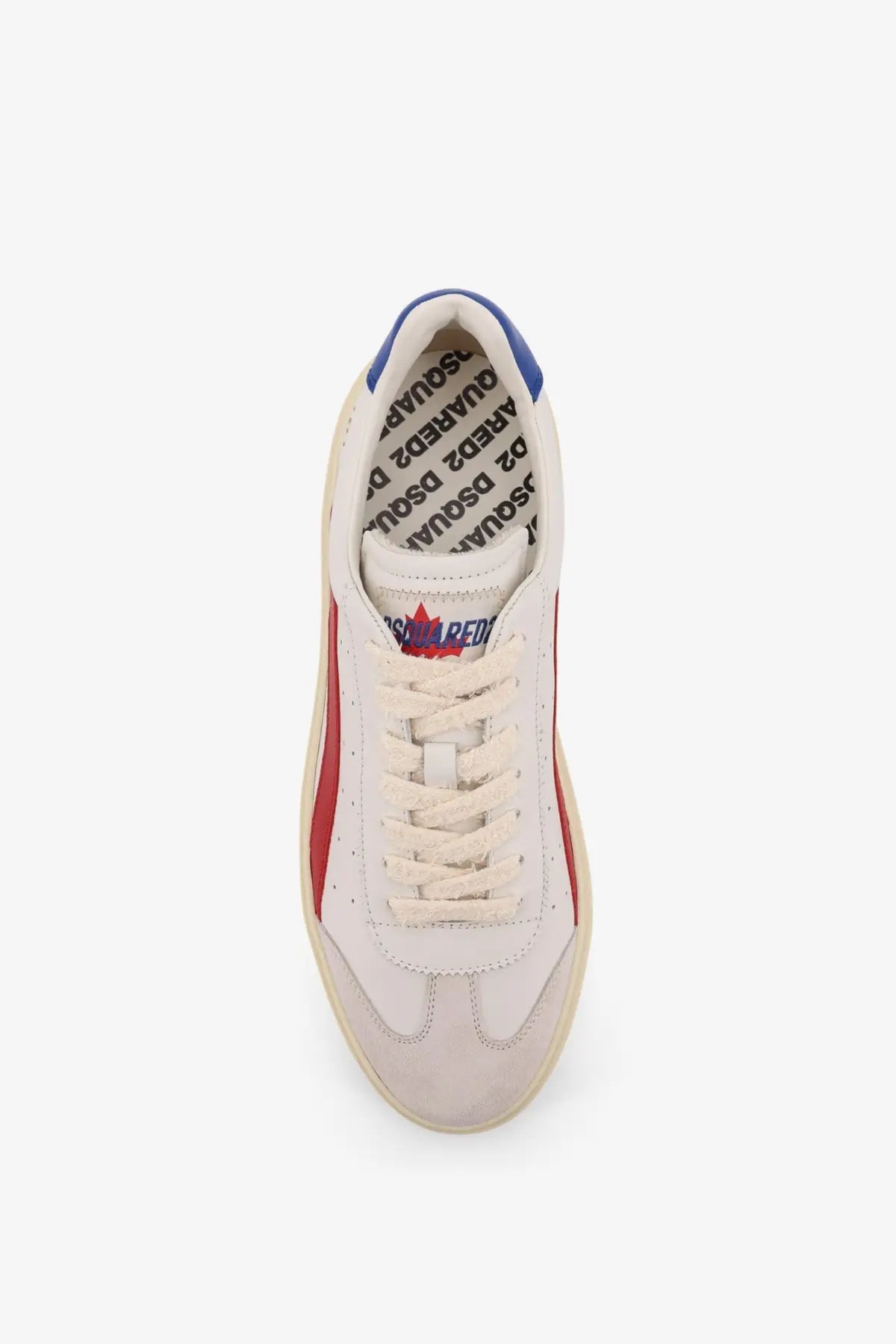 Dsquared2 men’s rider leather low top sneaker in cream suede with red and blue accents and logo on the tongue