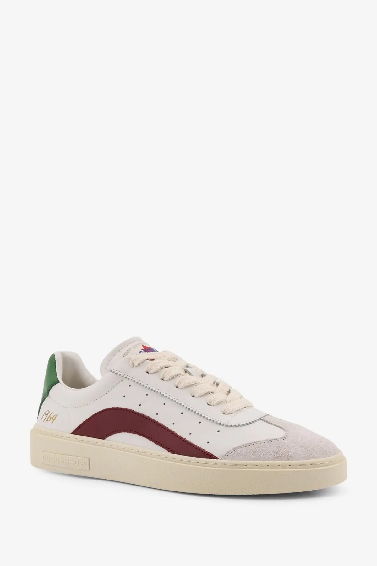 Dsquared2 men’s rider leather low top sneaker in white and maroon suede with green heel tab and cream rubber sole