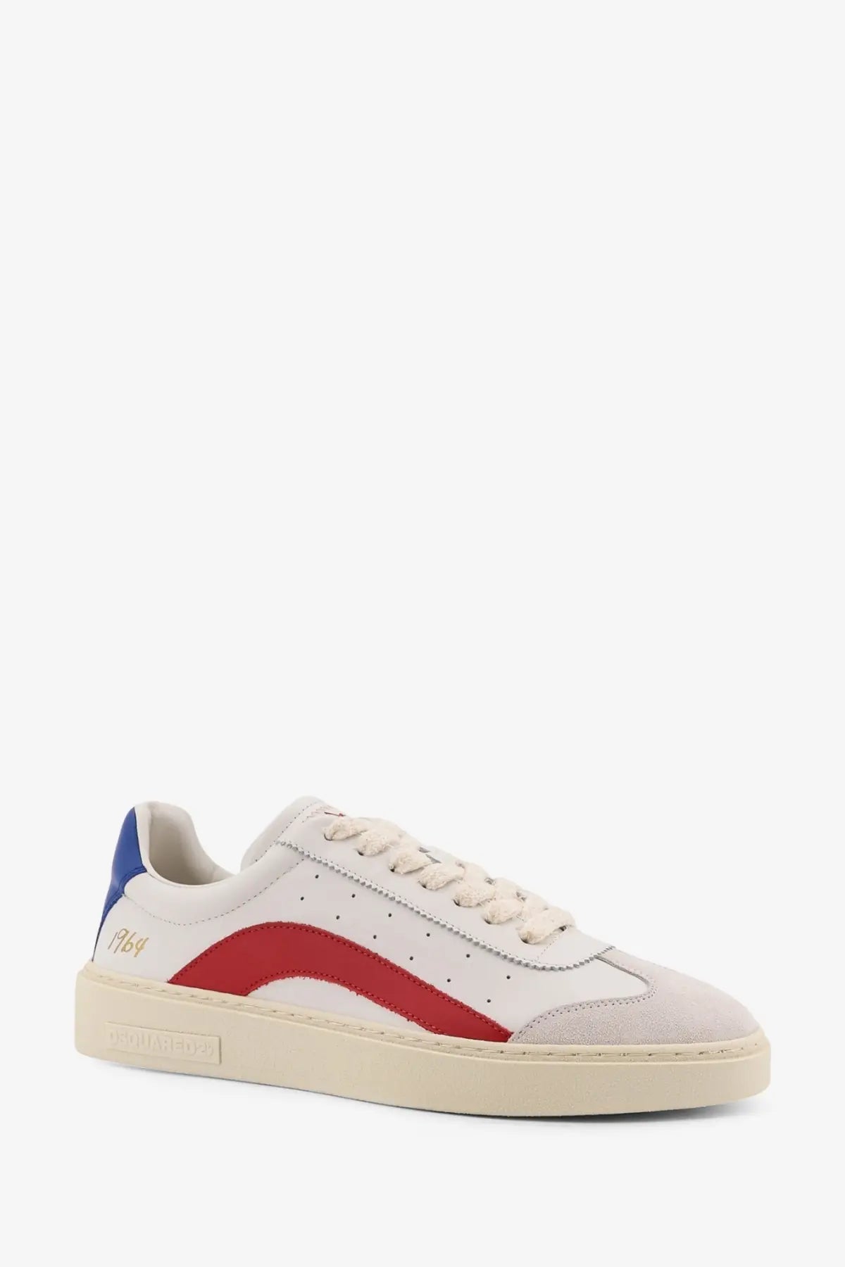 Dsquared2 men’s rider leather low top sneakers in white with red suede, blue heel tab, and perforated upper detailing