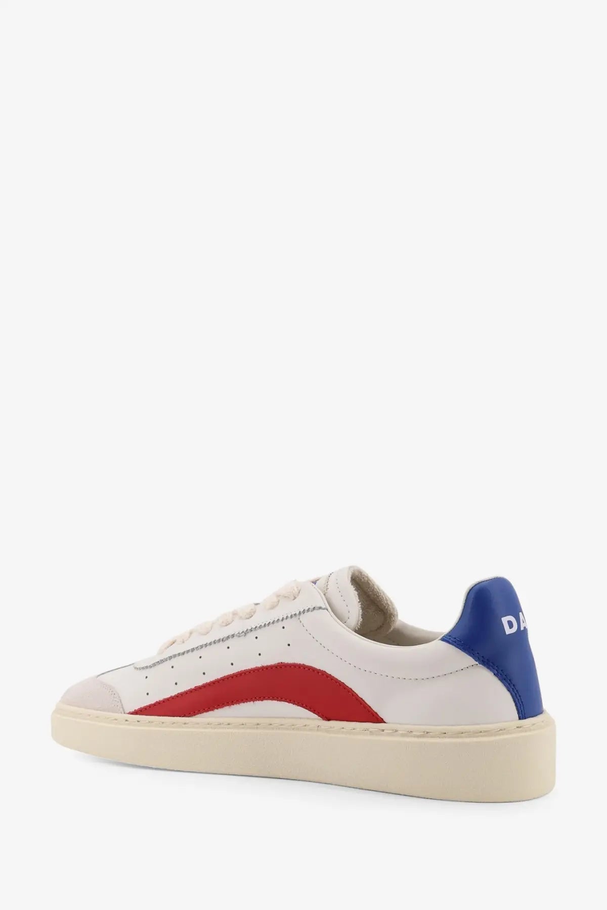Dsquared2 men’s rider leather low top sneaker in white with red curved stripe blue heel tab and cream rubber sole