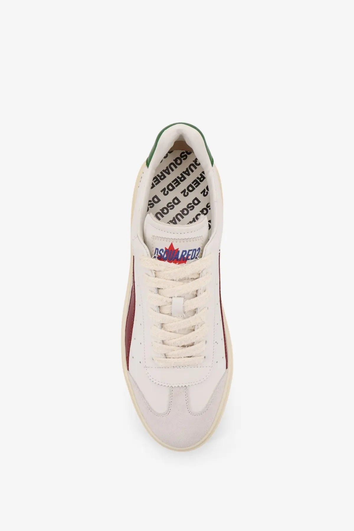 Dsquared2 men’s rider leather low top sneaker in white leather with green and burgundy accents