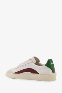 Dsquared2 men’s rider white leather low top sneaker with maroon stripe green heel tab and diesel logo visible