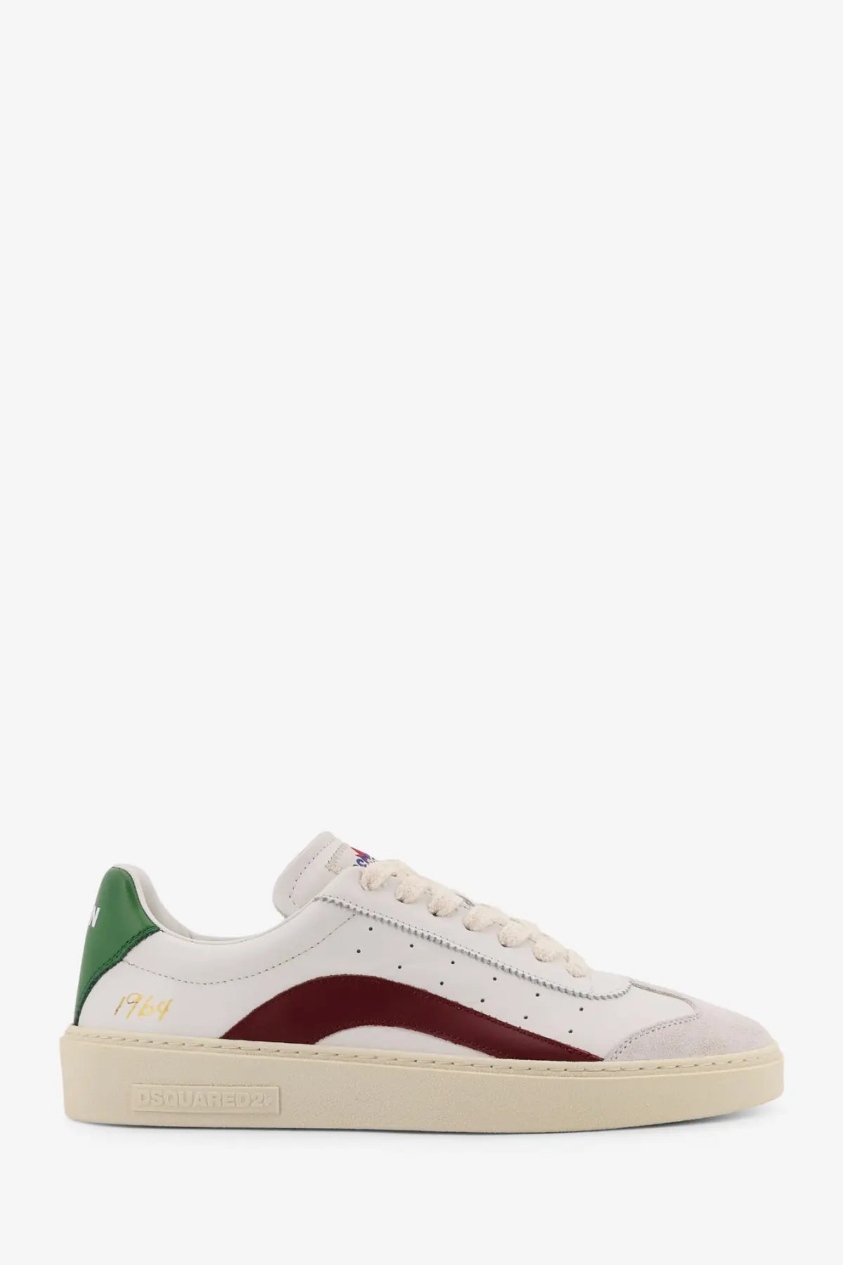 Dsquared2 men’s rider white leather low top sneaker with maroon stripe green heel tab and cream rubber sole