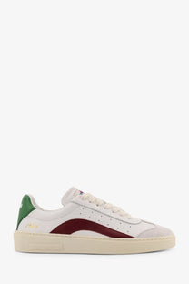 Dsquared2 men’s rider white leather low top sneaker with maroon stripe green heel tab and cream rubber sole