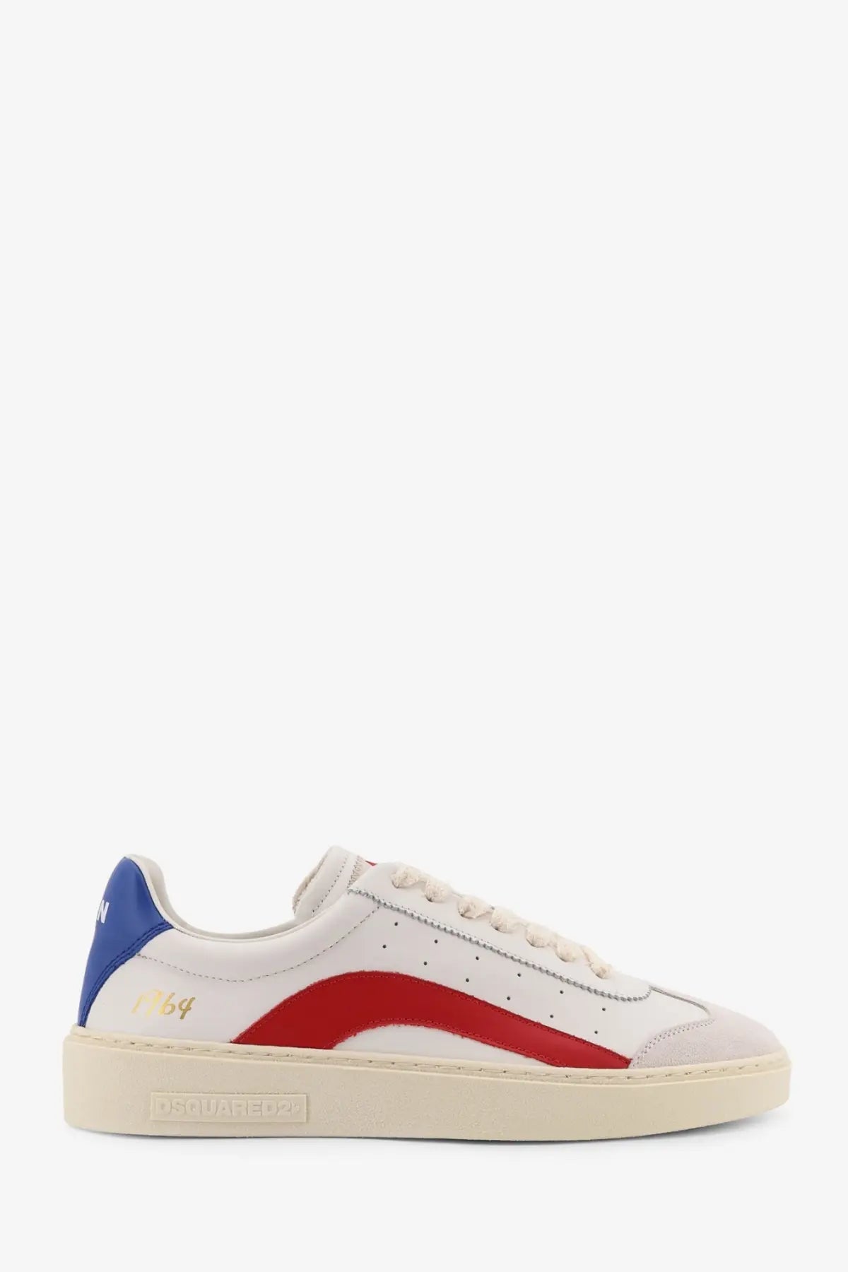 Dsquared2 men’s rider leather low top sneaker in white with red and blue accents cream sole and gold heel branding