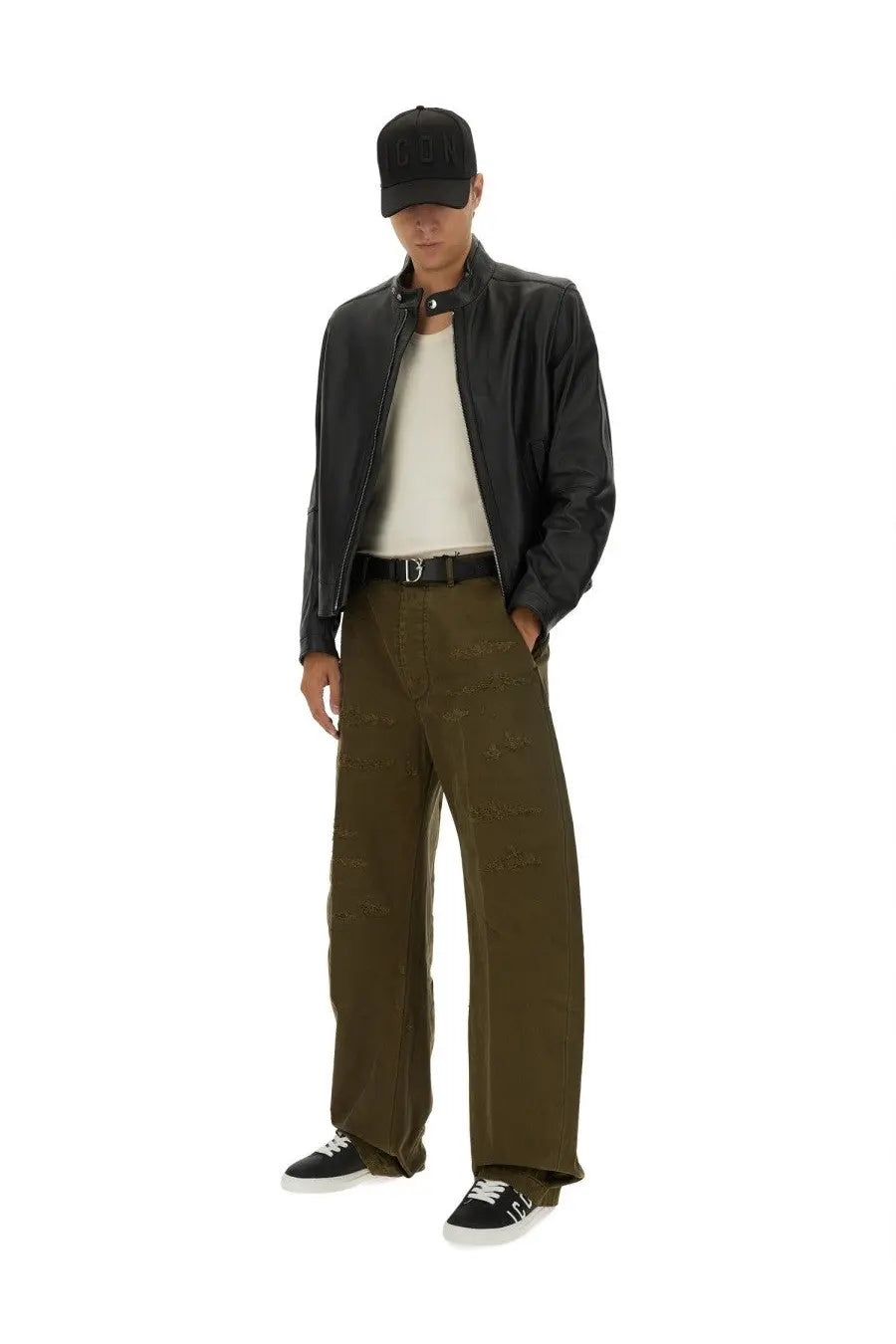 Black leather jacket with high collar and zipper closure paired with dsquared2 men’s ripped big chino pants green