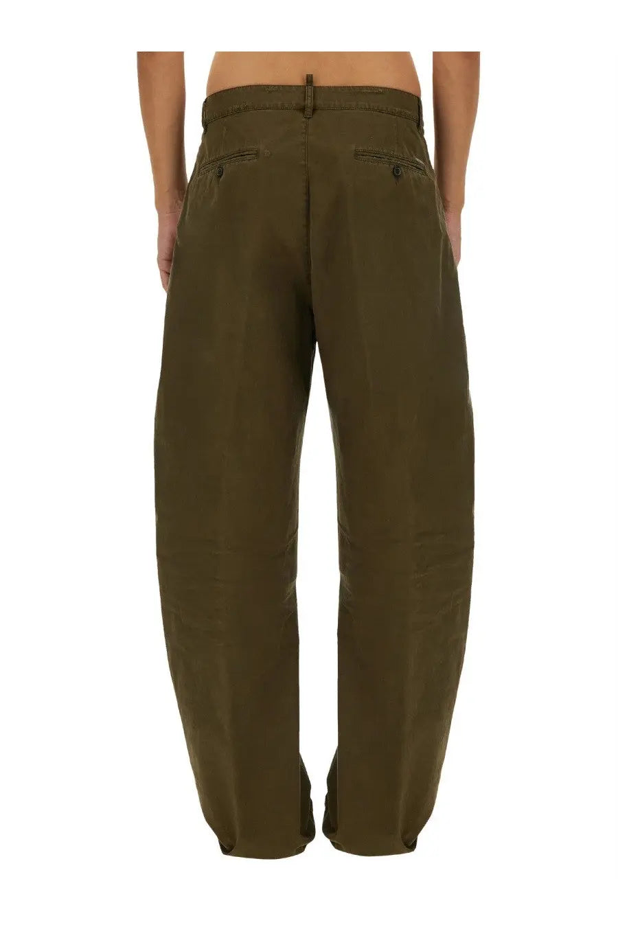 Dsquared2 men’s ripped big chino pants in olive green with wide-leg relaxed fit and buttoned back pockets shown from back