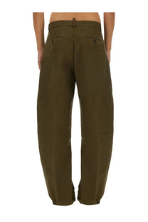 Dsquared2 men’s ripped big chino pants in olive green with wide-leg relaxed fit and buttoned back pockets shown from back