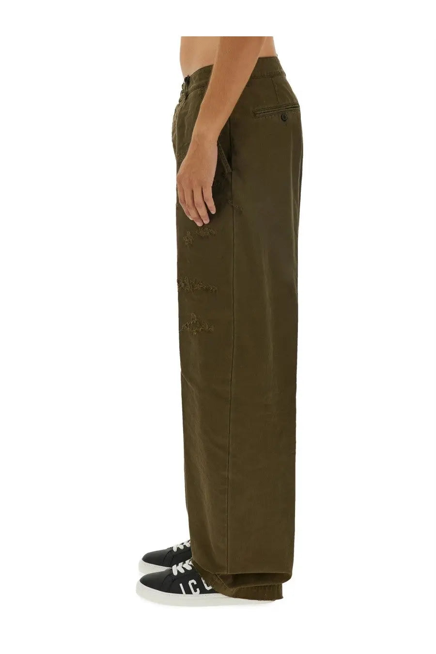 Dsquared2 men’s olive green wide-leg chino pants with subtle side seam embroidery and ripped detailing