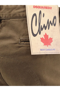 Olive green dsquared2 men’s sexy cargo cotton chino trousers featuring a red maple leaf logo and brand tag