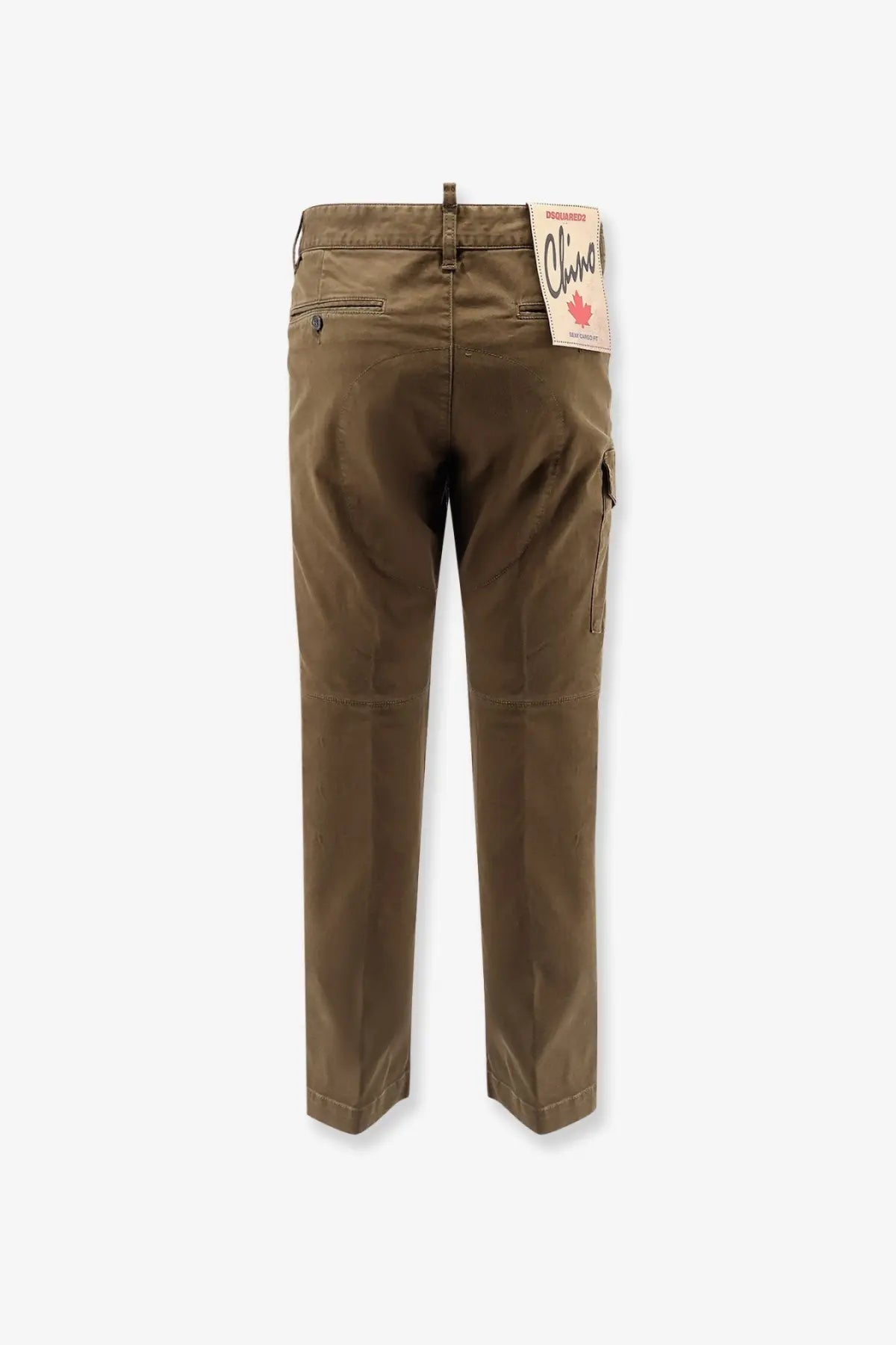 Back view of olive green Dsquared2 men’s sexy cargo cotton trousers with branded tag on the waistband