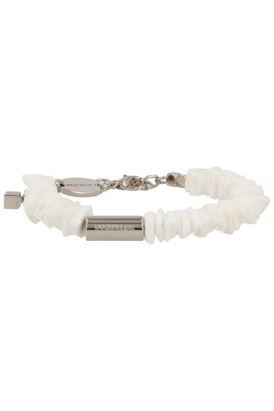 Dsquared2 men’s shell bracelet in white with a silver-toned rectangular clasp and chain closure