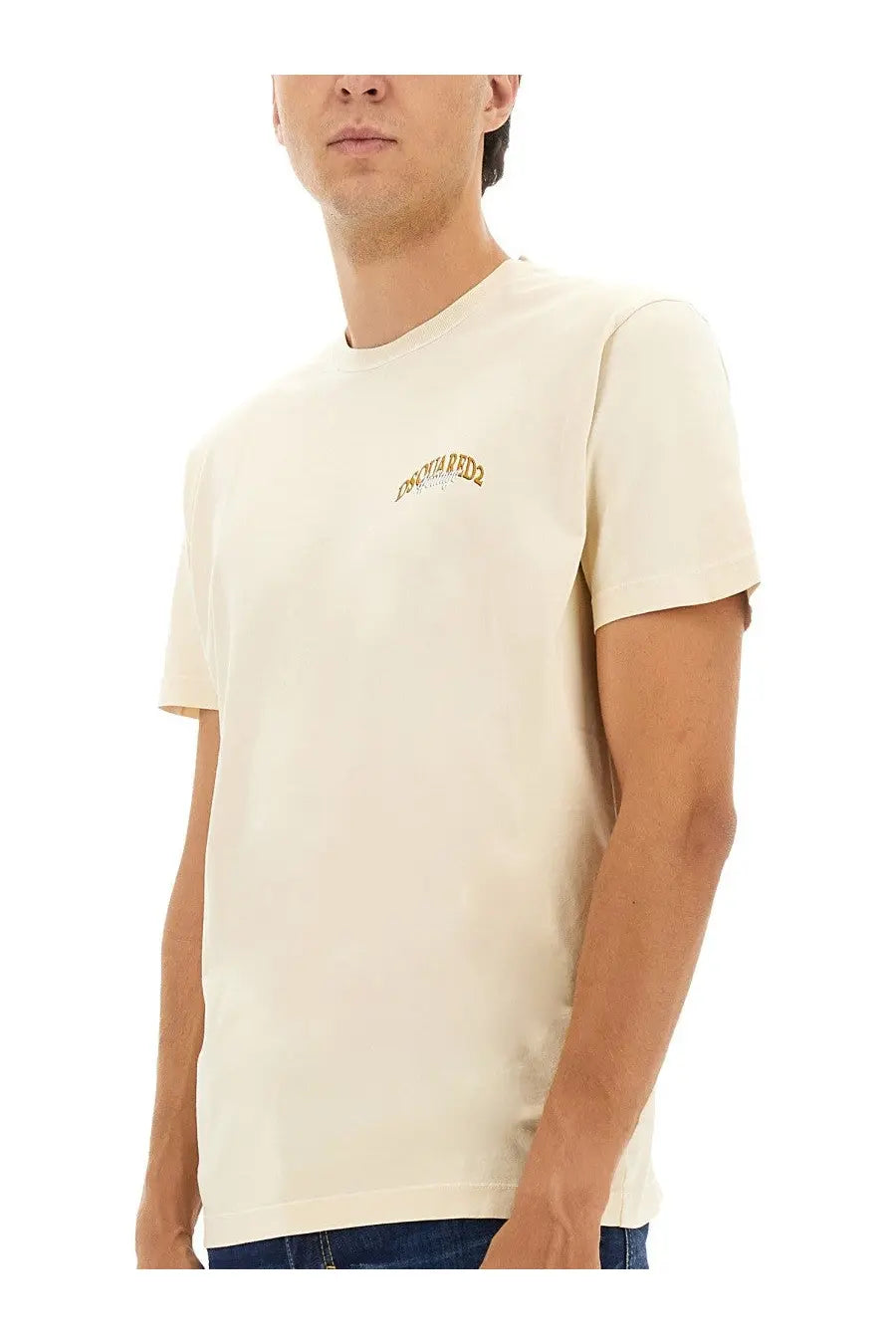 Dsquared2 men’s beige cotton t-shirt with cream color and small embroidered logo on the left chest