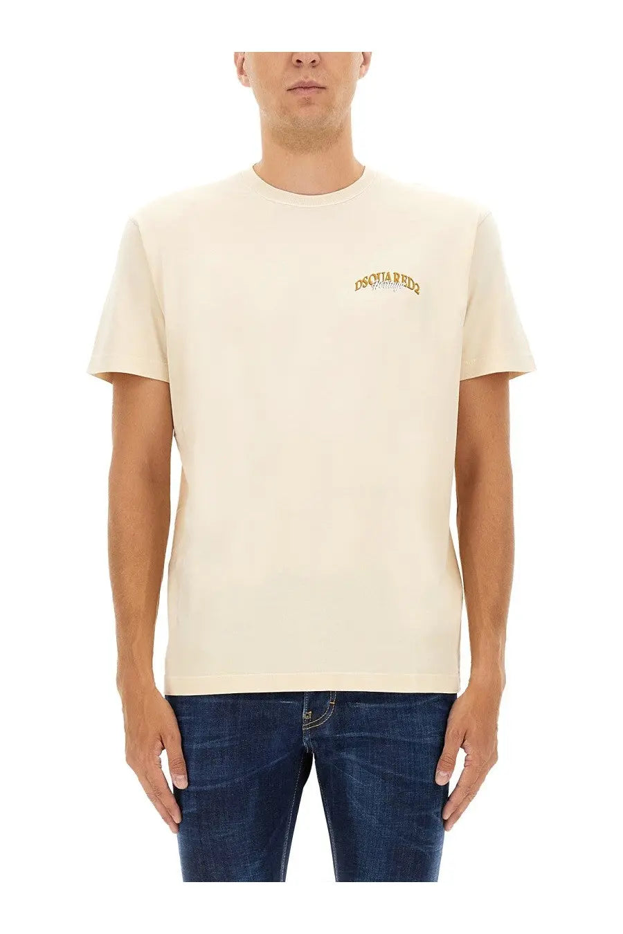 Dsquared2 men’s beige cotton t-shirt with cream color and small embroidered logo on the left chest
