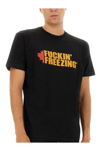 Dsquared2 men’s black cotton t-shirt with bold orange and red maple leaf graphic and fuckin freezing text