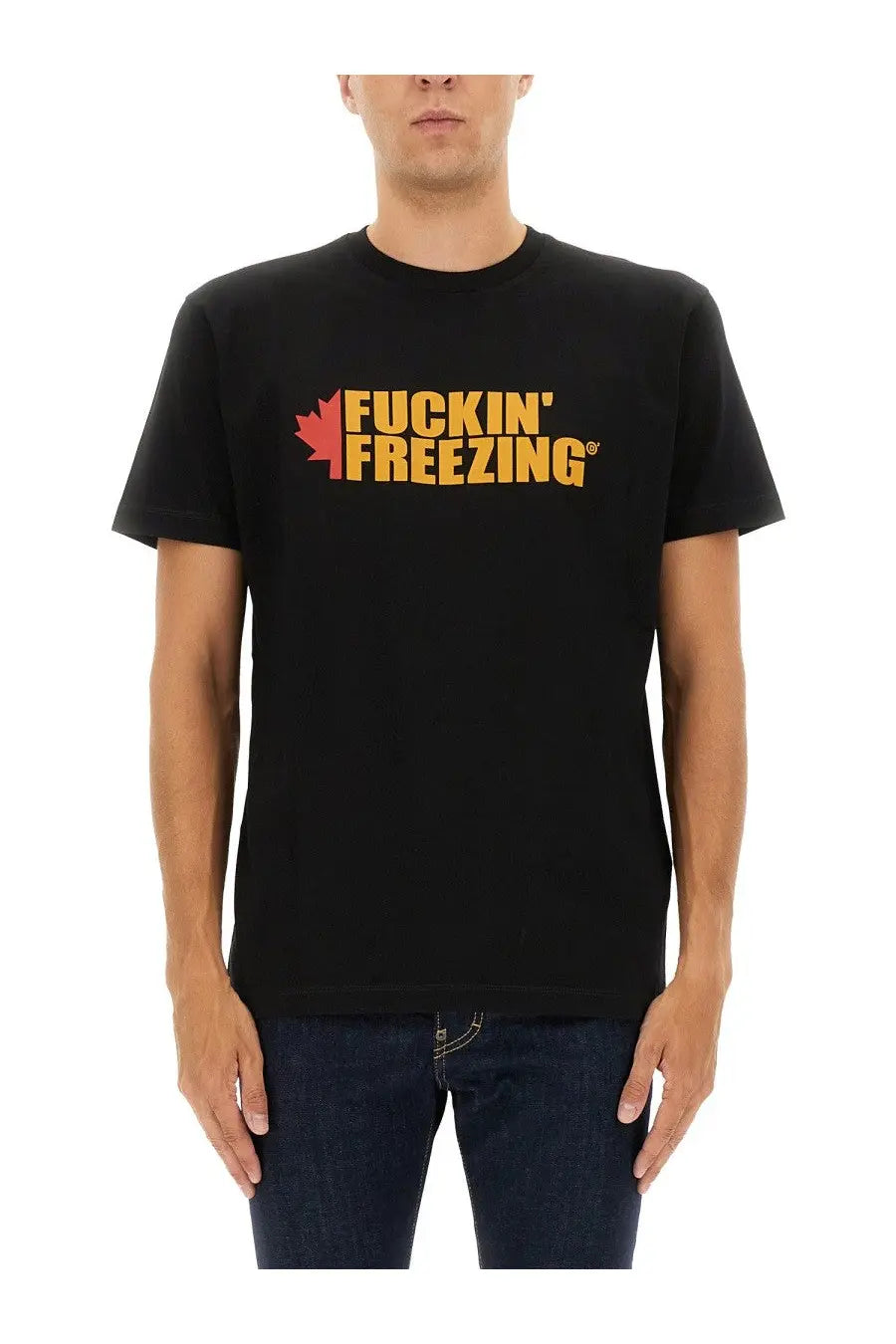 Dsquared2 men’s black cotton t-shirt with bold orange fuckin freezing graphic and red maple leaf logo on chest