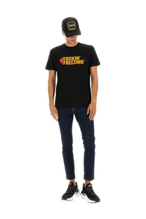 Dsquared2 men’s black cotton t-shirt with fuckin freezing orange and red lettering on the chest