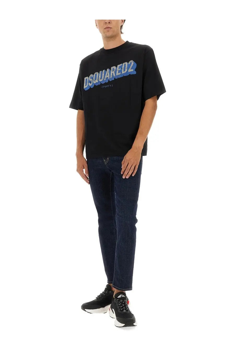Dsquared2 men’s black t shirt featuring a bold blue and white logo across the chest for casual wear