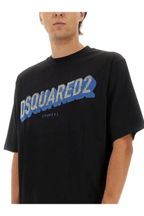 Dsquared2 men’s black t shirt with bold blue and silver glittery puffy dsquared2 graphic on the chest