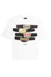 Dsquared2 men’s white t-shirt featuring bold graphic of stacked belts with black brown and gold buckles