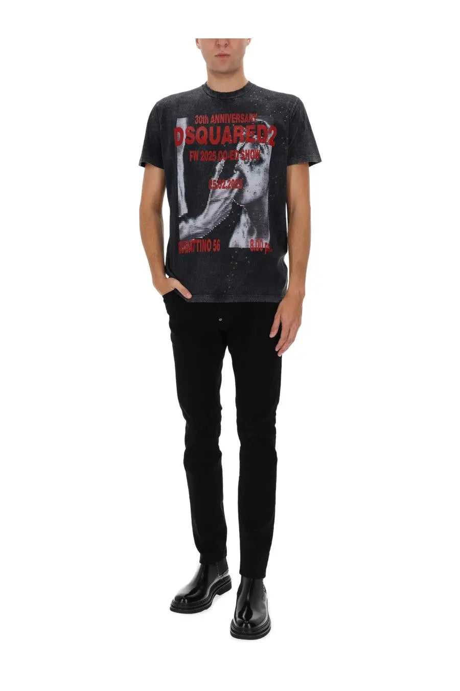 Dsquared2 men’s black t-shirt with bold red and white graphic print featuring striking text and imagery