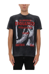 Black dsquared2 men’s t-shirt with distressed red text and monochrome person graphic in grey collection
