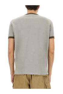 Dsquared2 men’s grey ringer tee with brown trim on collar and sleeve cuffs made from soft cotton material