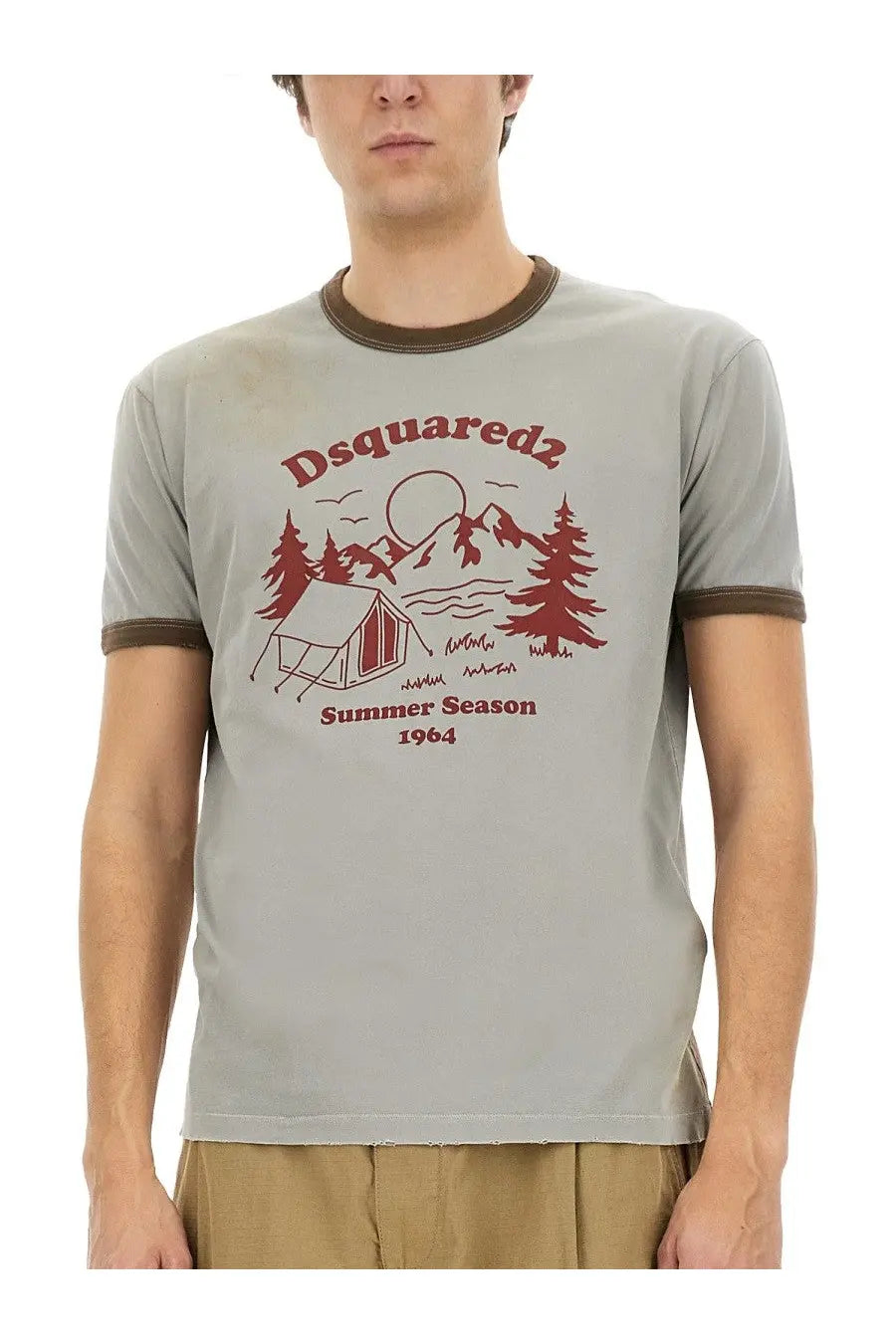 Dsquared2 men’s grey ringer tee with red camping graphic and brown trim in cotton for casual wear