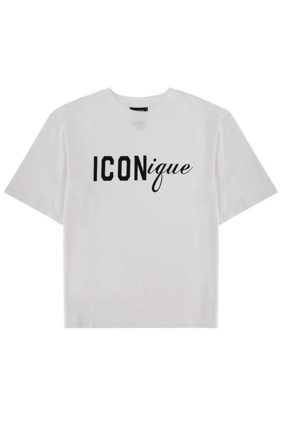 Dsquared2 men’s white short-sleeved t-shirt with iconique print in bold sans-serif and cursive fonts
