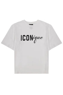 Dsquared2 men’s white short-sleeved t-shirt with iconique print in bold sans-serif and cursive fonts