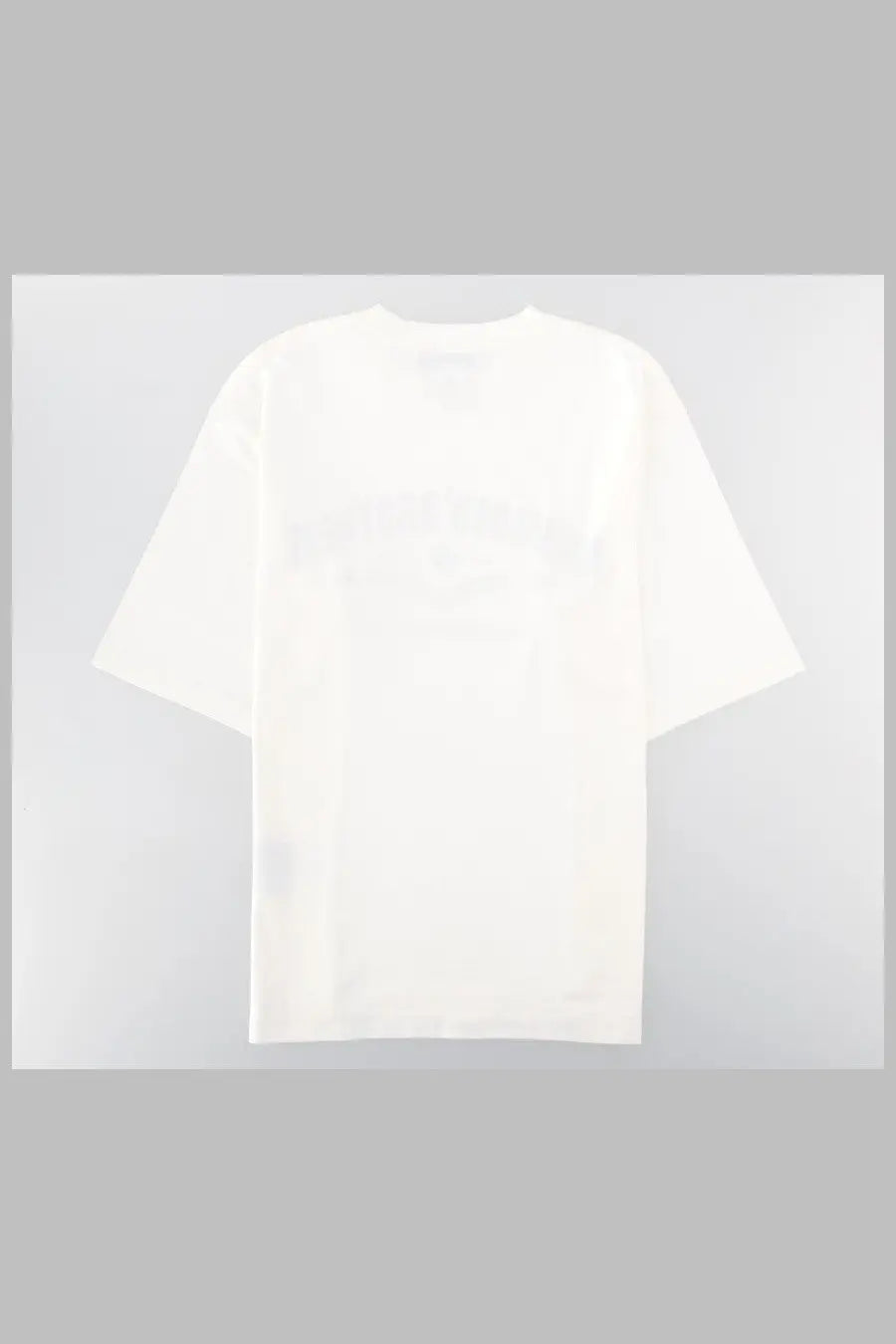 Back of dsquared2 men’s loose fit white oversized t-shirt with subtle faded graphic print on soft cotton fabric