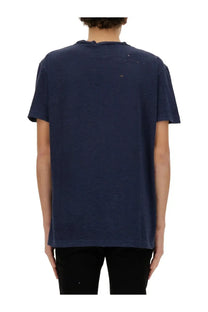 Dsquared2 men’s dark blue cotton t-shirt with slight distressing and relaxed fit short sleeves