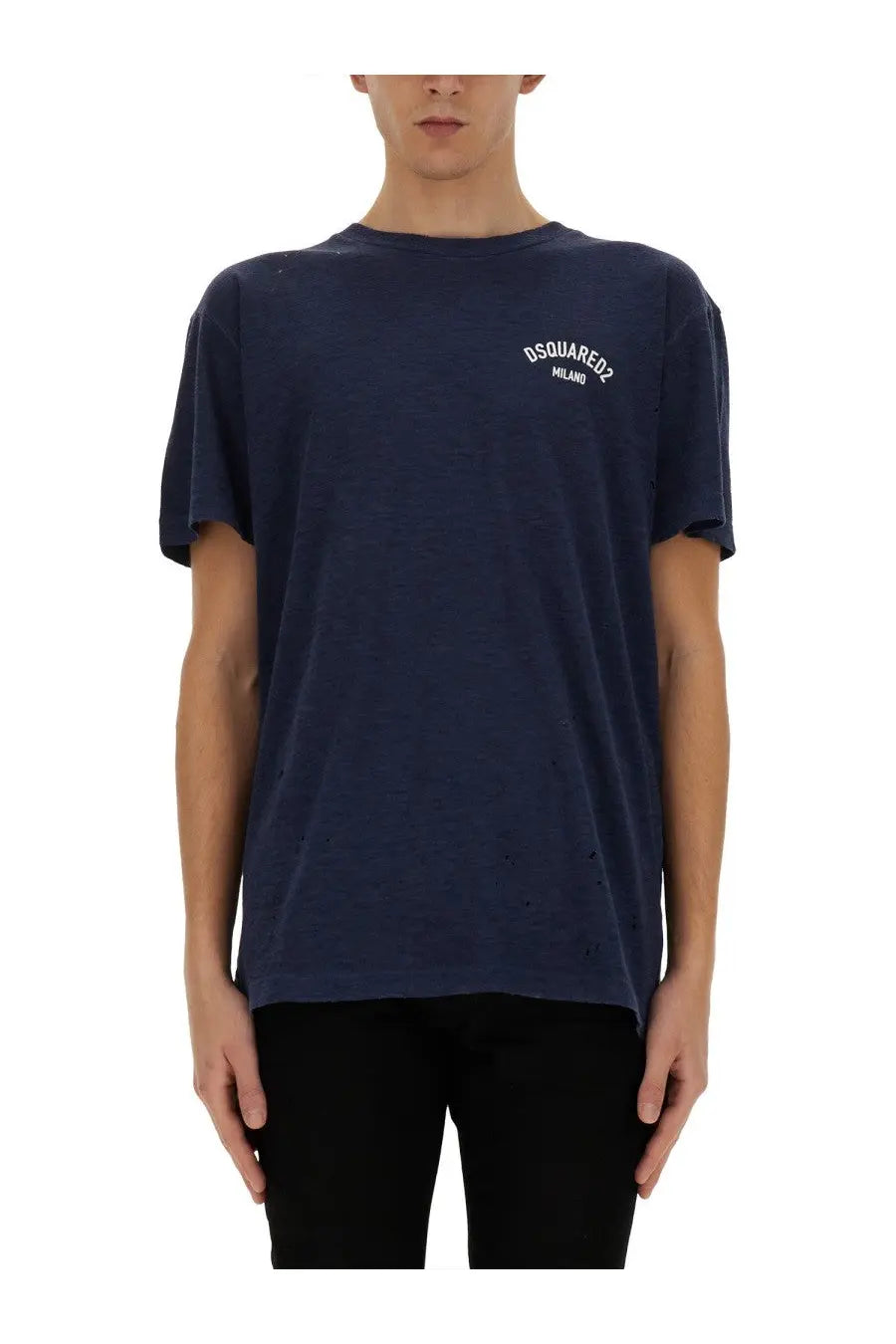 Dark blue Dsquared2 men’s t-shirt with white embroidered logo on chest for casual wear