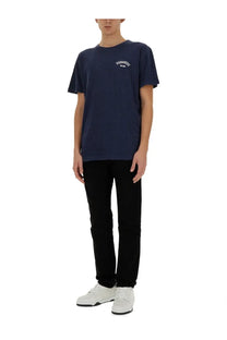 Navy blue Dsquared2 men’s shirt with white embroidered logo and subtle distressed texture in Milan style