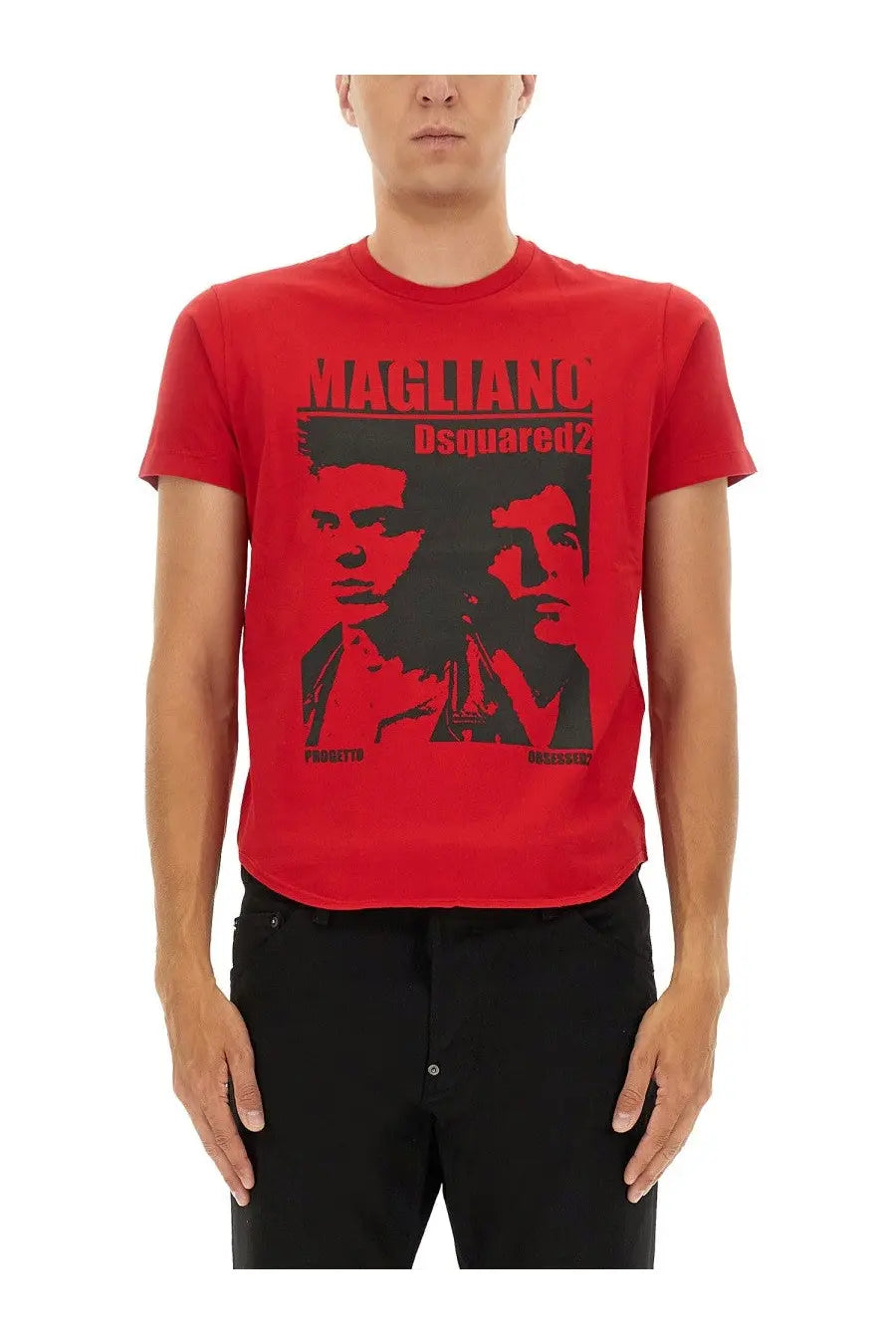 Dsquared2 men’s red cotton t-shirt with bold black graphic of two stylized faces and magliano dsquared2 logo above