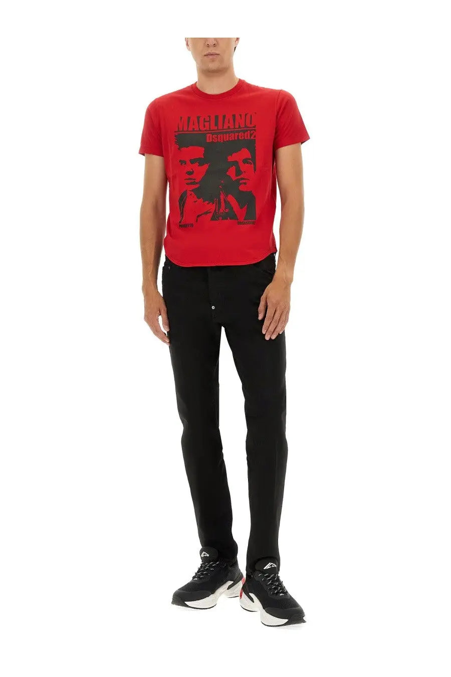 Dsquared2 men’s red t-shirt with bold black graphic print of overlapping faces and brand logo on front