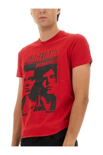 Red dsquared2 men’s t-shirt featuring bold black graphic print of two stylized faces with brand name above
