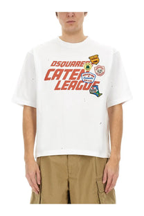 Dsquared2 men’s white caten league short-sleeve t-shirt with bold orange lettering and colorful embroidered patches