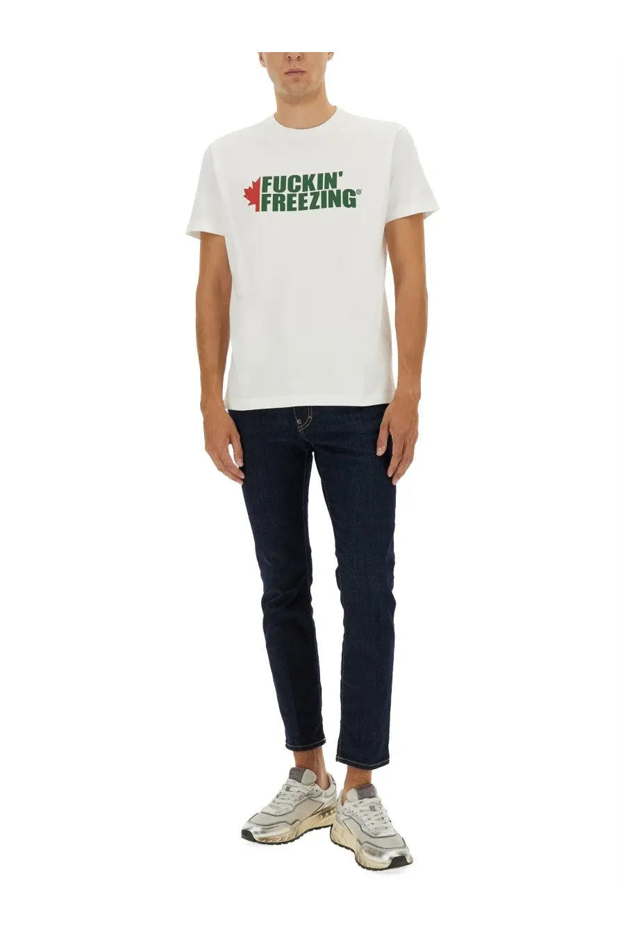 Dsquared2 men’s white cotton t-shirt with bold green fuckin freezing graphic and red maple leaf accent