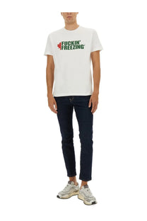 Dsquared2 men’s white cotton t-shirt with bold green fuckin freezing graphic and red maple leaf accent