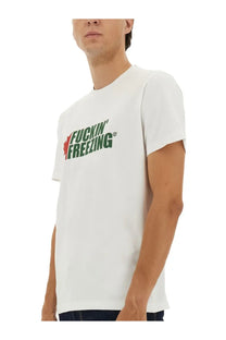 Dsquared2 men’s white cotton t-shirt with bold green fuckin freezing graphic and red maple leaf accent
