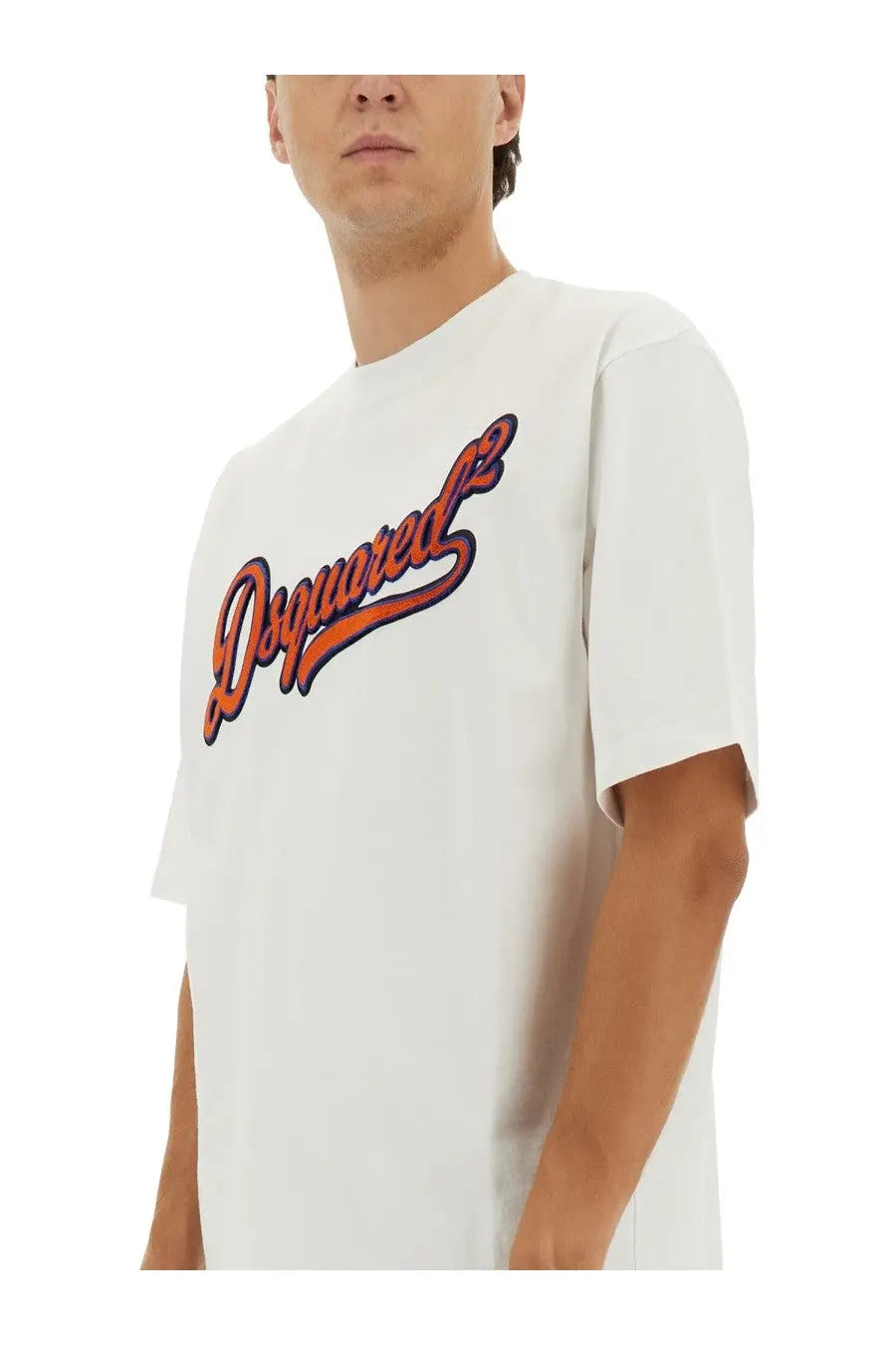 Dsquared2 men’s white t-shirt with bold orange and navy blue cursive logo across the chest made of cotton