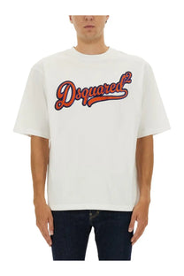 Dsquared2 men’s white t-shirt with bold orange and navy blue scripted logo across the chest