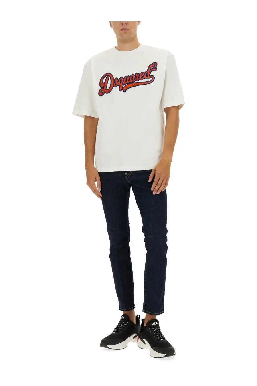 Dsquared2 men’s white t-shirt with bold red and black cursive logo across the chest in cotton material