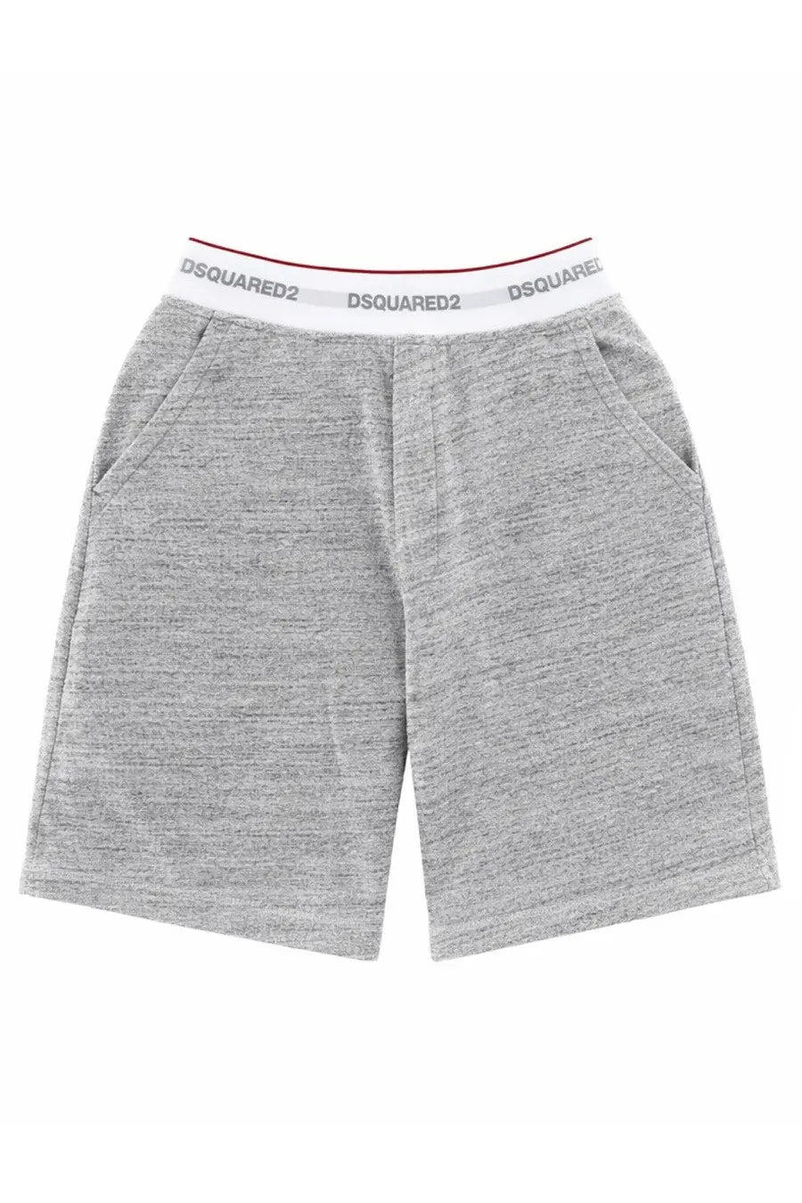 Dsquared2 men’s oversize shorts in grey heathered cotton with white elastic waistband featuring black logo and red trim