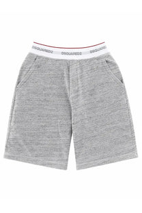 Dsquared2 men’s oversize shorts in grey heathered cotton with white elastic waistband featuring black logo and red trim