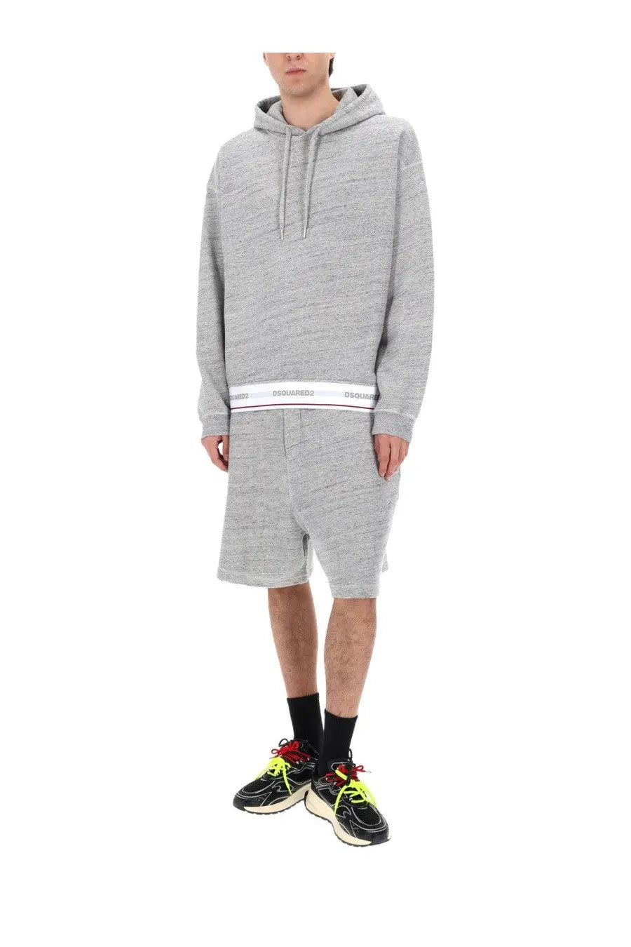 Gray heathered dsquared2 men’s oversize hoodie with white logo band at waist in con grey color